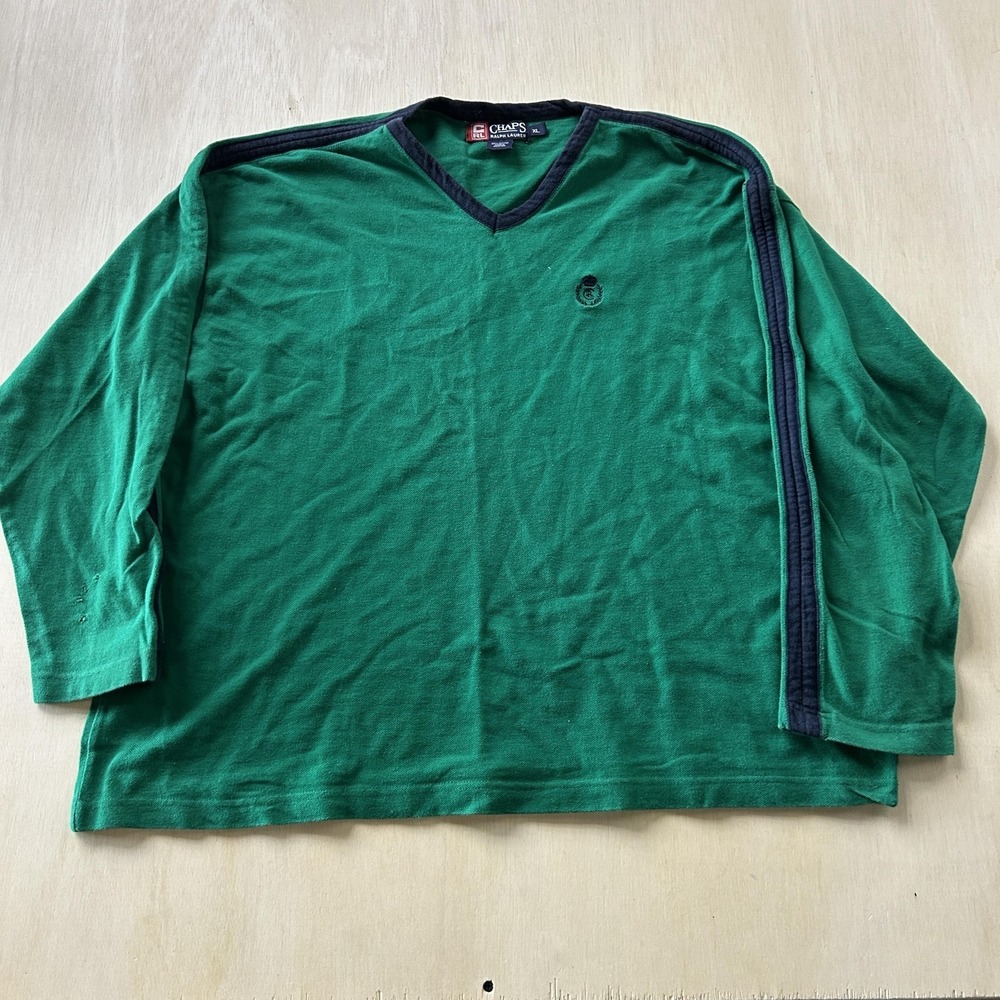 Chaps Ralph Lauren Long Sleeve Mens XL Green V Neck Cotton Logo Pullover Stripe